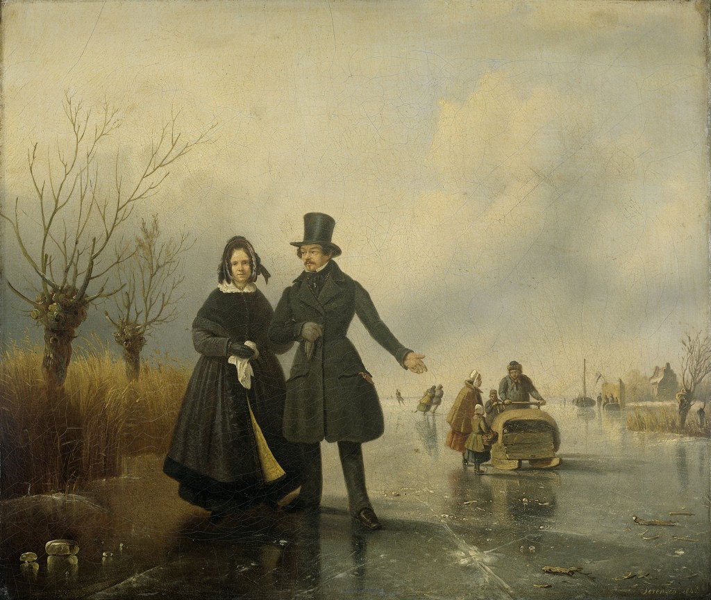 De heer en mevrouw Thijssen, op het ijs vereeuwigd in olieverf door Jacobus Loerenz Sórensen (1845)