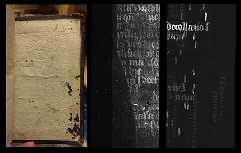 De MA-XRF-techniek onthult twee op elkaar geplakte middeleeuwse fragmenten onder de papieren bedekking van een 16de-eeuwse band