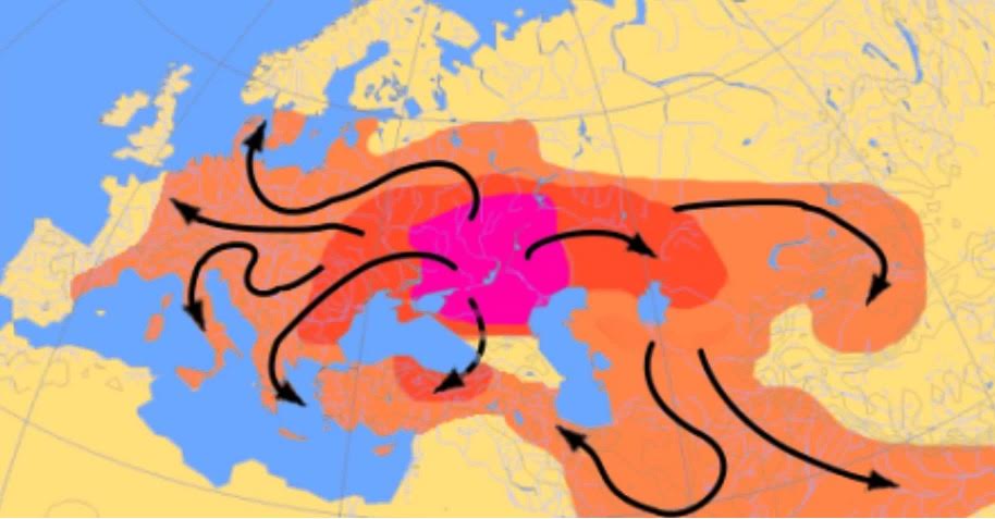 Verspreiding van Proto-Indo-Europese talen volgens de koerganhypothese, met het paarse gebied als kern. Bron: YouTube