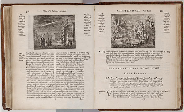 Het verhaal over de ijzel van 1664  door Tobias van Donselaer in ‘Beschryvinge van Amsterdam’ (1665). Op de illustratie rechts zijn  wordt de vorstschade langs de Amsterdamse grachten in beeld gebracht. (Illustratie Stadsarchief Amsterdam)