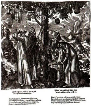 Op bevel van missionarissen, die de ‘nieuwe godsdienst’ vertegenwoordigden, werden heidense symbolen, zoals hier een heilige boom, vernietigd. (Gravure 16e/17e eeuw)