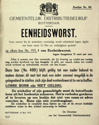 Aankondiging eenheidsworst op bon, Rotterdam 1918. (timerime.com)