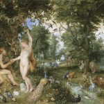 Het aardse paradijs met de zondeval van Adam en Eva (ca. 1615) door Jan Brueghel de Oude (1568-1625) en Peter Paul Rubens (1577-1640) - Uit de diverse zeventiende- en achttiende-eeuwse schilderijen van het ‘aards paradijs’ blijkt, dat de gedachte dat onze huisdiersoorten door menselijk toedoen uit een wilde stamvorm voort zijn gekomen, domesticatie dus, nog niet was opgekomen. We zien dan ook witte kippen en konijnen, rashonden, bonte melkkoeien en schimmels, broederlijk gemengd in romantische landschappen dartelen met leeuwen, papegaaien en herten.