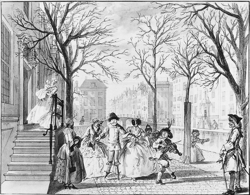 Cornelis Troost, Februari - Carnavalsvierders trekken langs een gracht, 1742