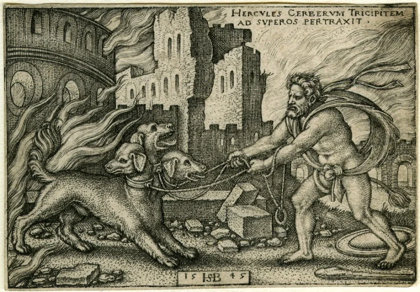 Herakles vangt Cerberus - Gravure van Sebald Beham, 1540.