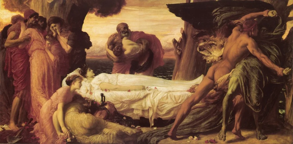 Herakles worstelt met de dood om het lichaam van koningin Alkestis - Frederic Leighton