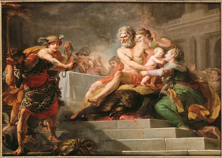 Tantalus wordt weggevoerd tijdens het feestmaal waarbij hij de goden zijn eigen zoon voorzette - Hugues Taraval, 1767