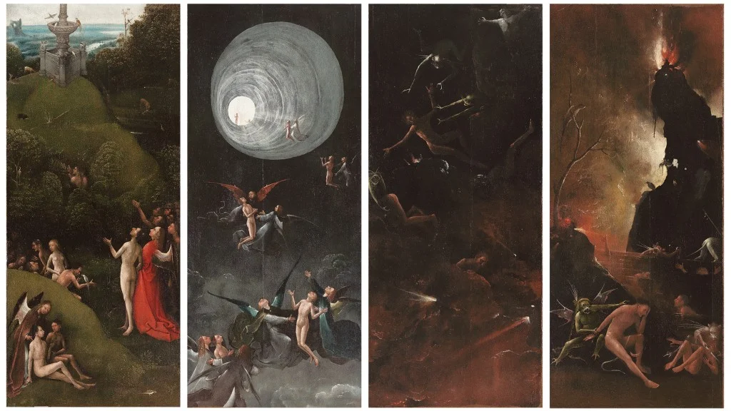 Jheronimus Bosch, Visioenen van het Hiernamaals, ca. 1505-15, Venezia, Museo di Palazzo Grimani. Van links naar rechts, De weg naar de hemel: Het aards paradijs, De tenhemelopneming van de gelukzaligen, De weg naar de hel: De val van de verdoemden, De rivier naar de hel. Foto Rik Klein Gotink en beeldverwerking Robert G. Erdmann voor het Bosch Research and Conservation project. Met speciale medewerking van Museo Nacional del Prado.