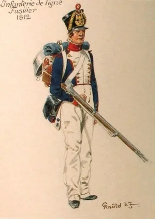 Tekening van een soldaat in Franse dienst, 1812. Bron: Legermuseum Delft