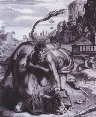 Herakles doodt de stier van Kreta (Publiek Domein - wiki)