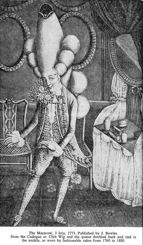 Macaroni kledingstijl, 1773. Bron: estherlederberg.com