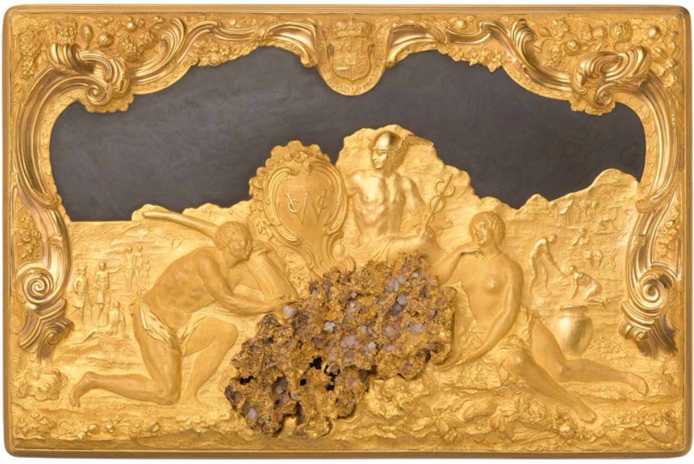 Deksel van de voor de WIC gemaakte doos: verbeelding van handel in goud, ivoor en slaven
