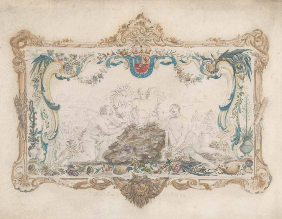 Tekening uit 1752 door François Thuret naar het door hemzelf ontworpen deksel