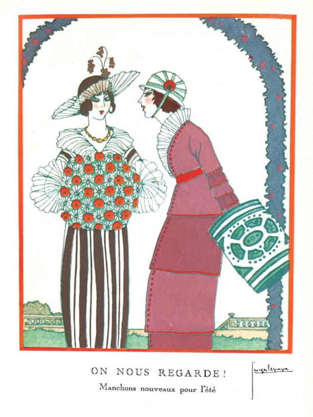 Modeprent ON NOUS REGARDE! Manchons nouveaux pour l’été, uit het modetijdschrift Gazette du Bon Ton, 9 juli 1913, No 9, Pl. I