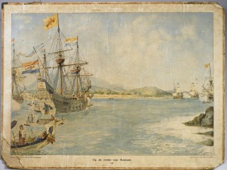 Schoolplaat met voorstelling van een aantal Nederlandse schepen bij Bantam. - J.H. Isings (Geheugen van Nederland)