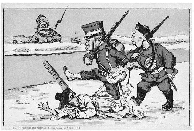 Japan bezet Korea. Russische spotprent waarop Japanse troepen Korea onder de voet lopen tijdens de Russisch-Japanse oorlog (1904-1905)