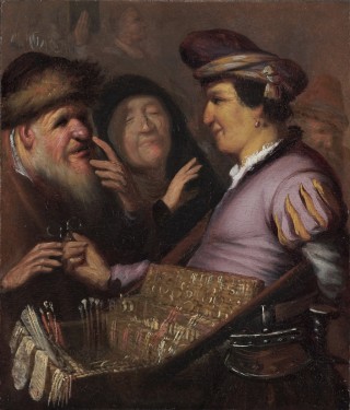 Uit dezelfde serie van de jonge Rembrandt: 'De Brillenverkoper' (Zicht). Eigendom van De Lakenhal in Leiden