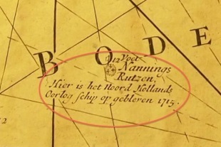 Zeekaart met de locatie van het wrak 1715. (Maritiem Museum Rotterdam) / Sea chart with the location of the wreck 1715. (Rotterdam Maritime Museum)