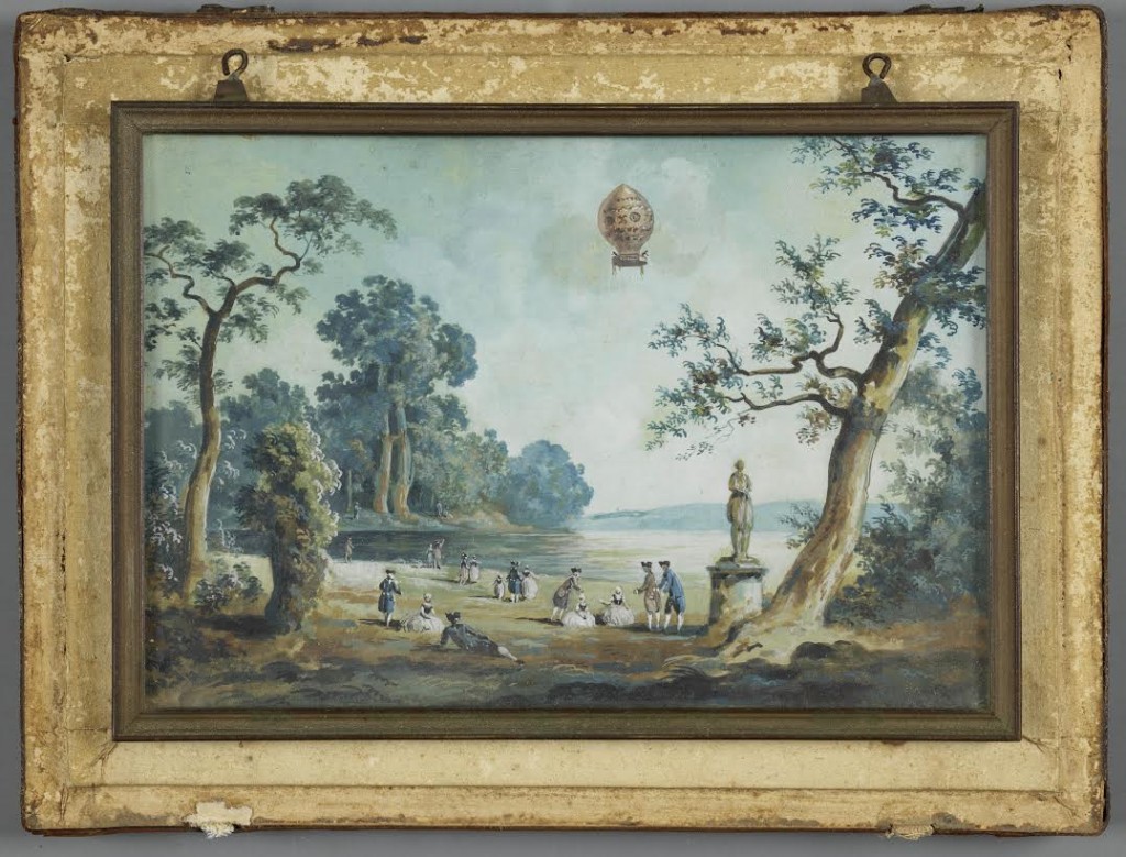 Louis-Gabriel Moreau (1740-1808), Luchtballon boven Saint-Germain, ca. 1783. Gouache; 11,5 x 16, 8 cm, aangekocht bij Emanuel von Baeyer London