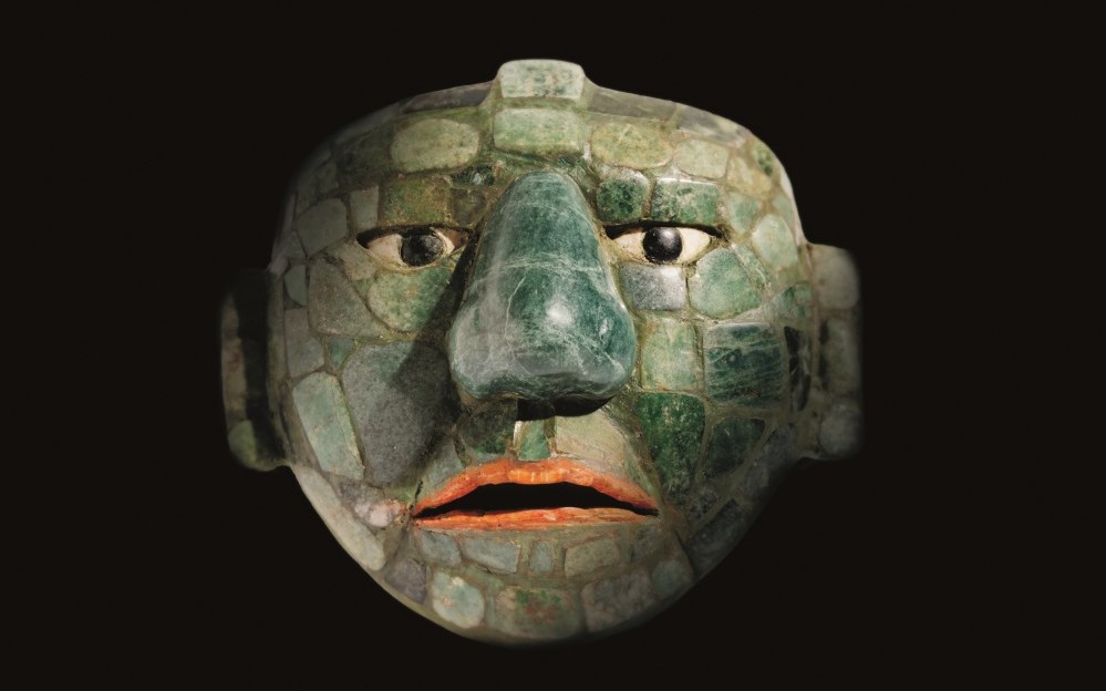 Masker gemaakt van jade, obsidiaan en schelpen, 500 - 800 na Christus, jade, collectie: Fundación La Ruta Maya, Guatemala