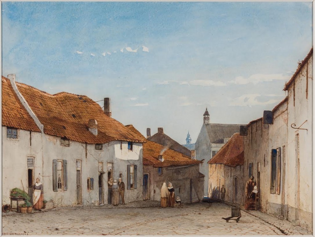 Jan Weissenbruch (1822-1880), De Grutterstraat in Rhenen, ca. 1850. Aquarel; 27,5 x 36,5 cm, aangekocht bij Kunstgalerij Albricht