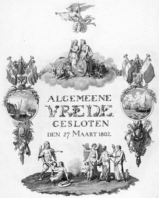 Allegorie op de vrede gesloten te Amiens op 27 maart 1802, tussen de Bataafse Republiek en Frankrijk en Groot-Brittannië.