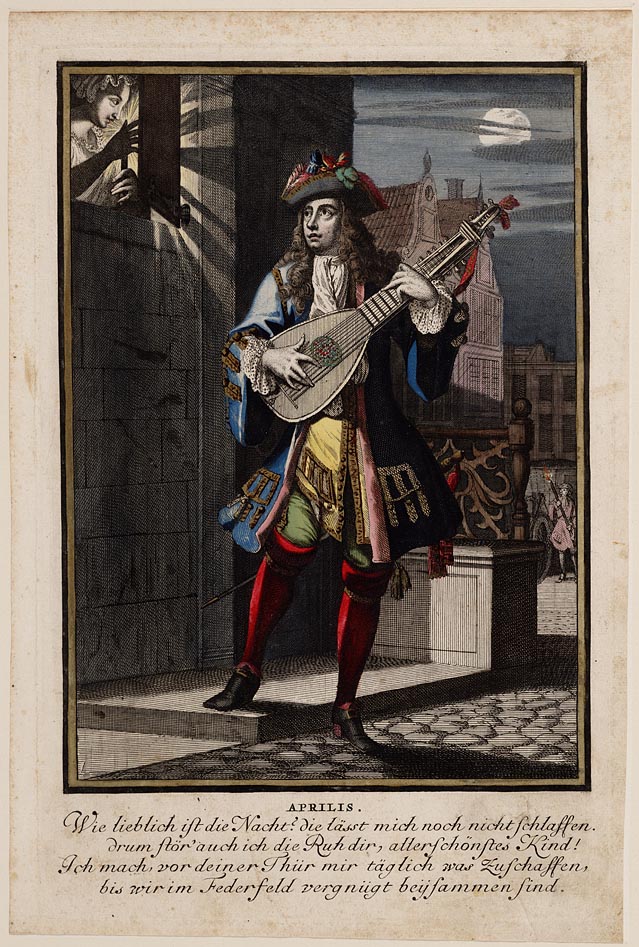 Casper Luyken, Aprilis, uit serie Twaalf maanden van het jaar, 1700. Gravure en ets, gouache. Collectie Amsterdam Museum A_44731