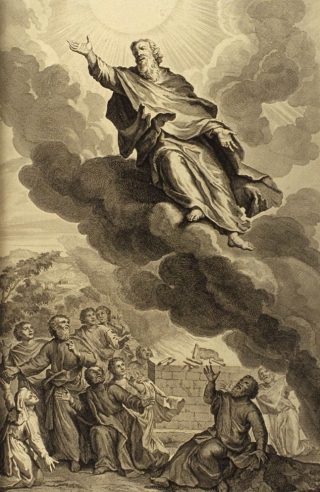 Illustratie van Henoch die ten hemel vaart uit Figures de la Bible (1728).