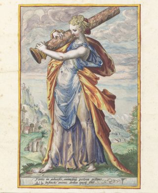 Jacob Matham (1571-1631), Kracht (Fortitudo), naar Hendrick Goltzius (1558-1617), ingekleurd door Monogrammist MÖ (1598)