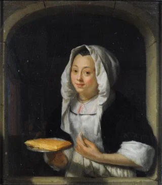 G. Schalcken, Jonge vrouw die een wafel aanbiedt, ca. 1667, paneel, particuliere collectie