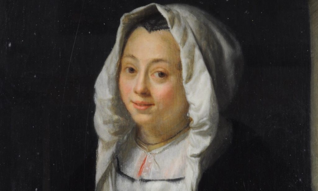 G. Schalcken, Jonge vrouw die een wafel aanbiedt, ca. 1667, paneel, particuliere collectie