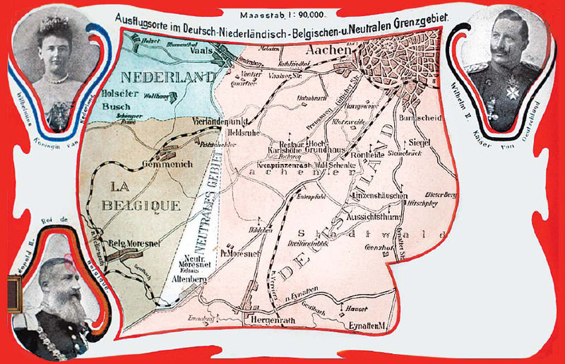 Ansichtkaart van het Vierlandenpunt met de omringende vorsten van Moresnet: koningin Wilhelmina van Nederland, de Belgische koning Leopold II en de Duitse keizer Wilhelm II. De burgemeester van Kelmis kreeg geen plaats op de kaart.