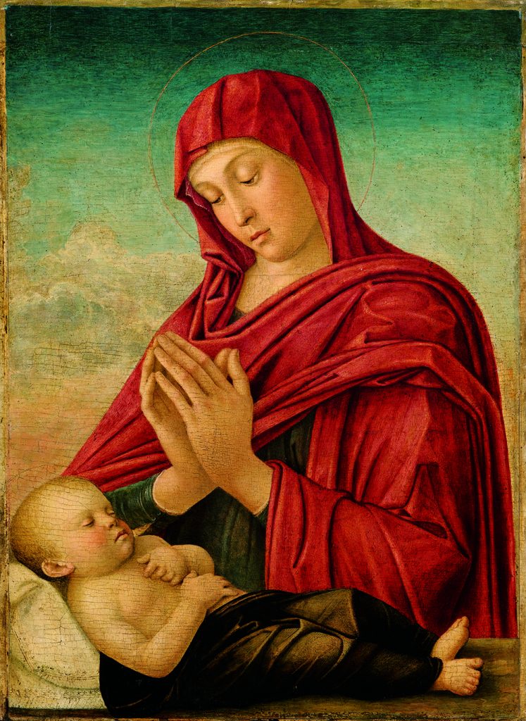 Giovanni Bellini, Madonna in het rood, ca. 1505, olieverf op paneel, Fondazione Sorlini, Pinacoteca Tosio Martinengo, Brescia