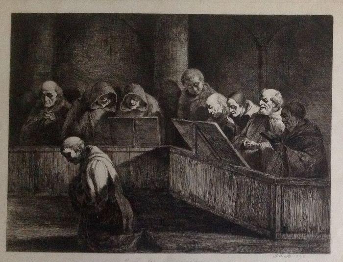 Biddende monniken in de kapel, 1795. Schilder onbekend. Bron: Catawiki België