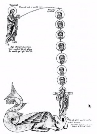 Christus hengelt zielen uit de muil van de draak. Miniatuur uit Hortus deliciarum, 1175-1195 (Afb. Vantilt)