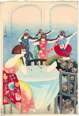 DANSEN IN HET NEW CARLTON HOTEL IN SHANGHAI, Yamamura Kōka (1885-1942). Kleurenhoutsnede op papier 1924, P0151. Collectie Elise Wessels – Nihon no hanga