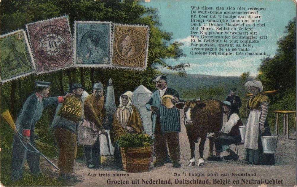 Humoristische ansichtkaart, met postzegels,  waarop de vier buurvolkeren bij het Vierlandenpunt in vier talen op de hak worden genomen, inclusief de koffiesmokkelaar.
