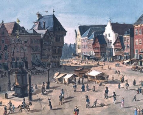 Aquarel Bossche Markt Noordzijde, door Von Bonstetten, mei 1818. Bron: www.thuisinbrabant.nl