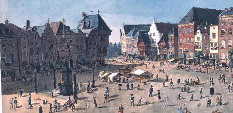 Aquarel Bossche Markt Noordzijde, door Von Bonstetten, mei 1818. Bron: www.thuisinbrabant.nl