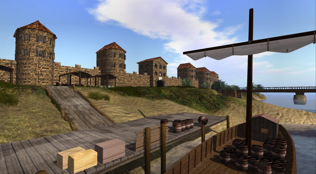 Afbeelding 1 Een impressie van de Romeinse loskade van Ceuclum, met op de achtergrond het castellum en de brug. Afbeelding: Time Travel The Missing Link BV Woerden.