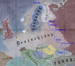 Kaart van ‘Duitsland’ na de verloren Slag om Stalingrad begin 1944. De stippellijn geeft de intussen al verloren posities weer. DeKrim is nog in Duitse handen. 