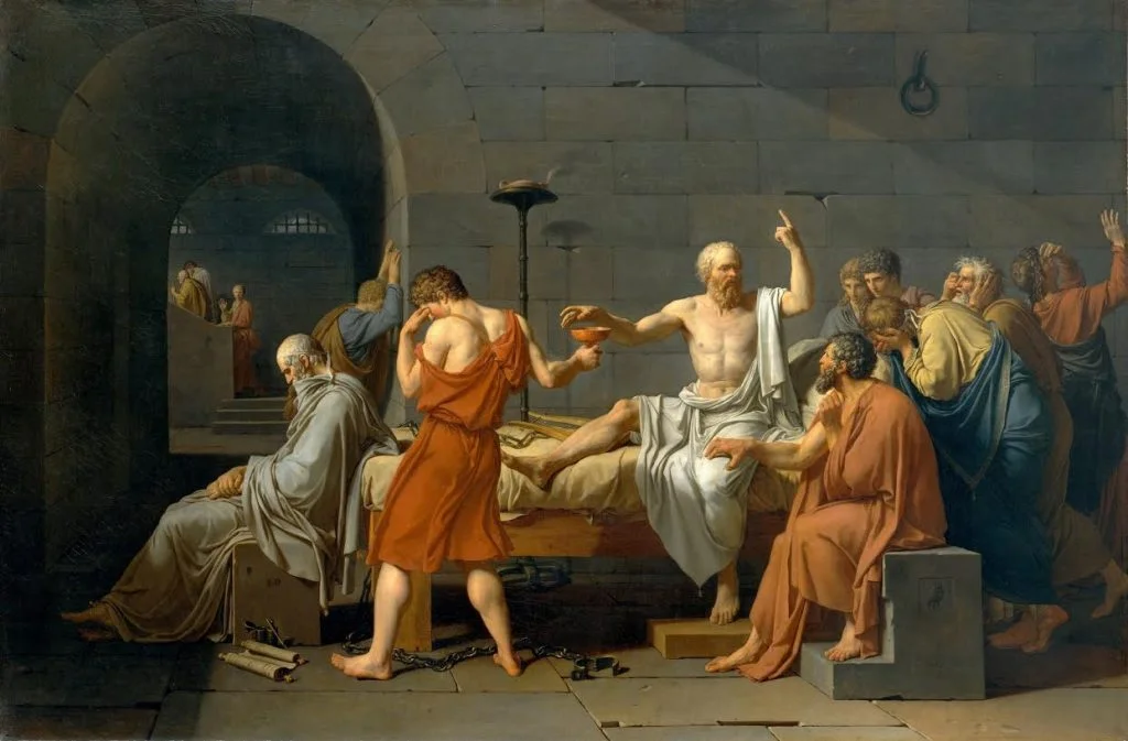 "De dood van Socrates". Schilderij van Jacques-Louis David (1787). Bron: Wikimedia