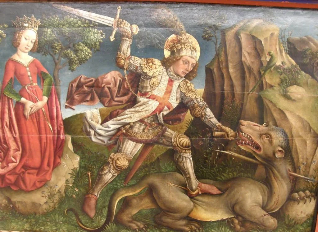Sint Joris maakt de draak af. Door Jost Haller, ca.1450. Muséé Unterlinden, Colmar (Frankrijk). Bron: Wikimedia