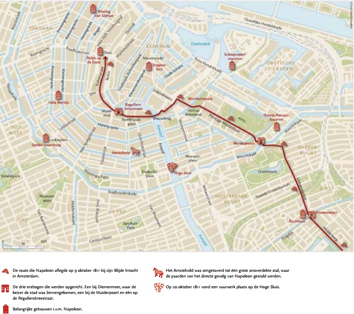  De route die Napoleon aflegde tijdens zijn Blije Intocht in Amsterdam op 9 oktober 1811. Kaart: UvAKaartenmakers