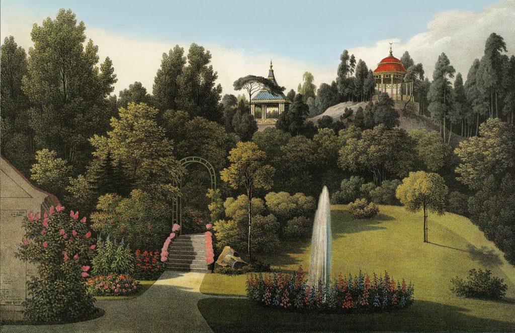 Lithografie van landschapspark Muskau, 1834