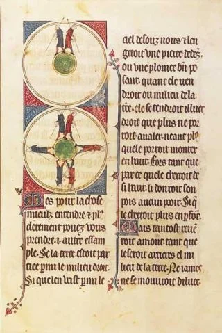 Afbeelding vaneen ronde aarde in Gautier van Metz, L'Image du Monde (1245). Bron: Wikimedia (Eng.)