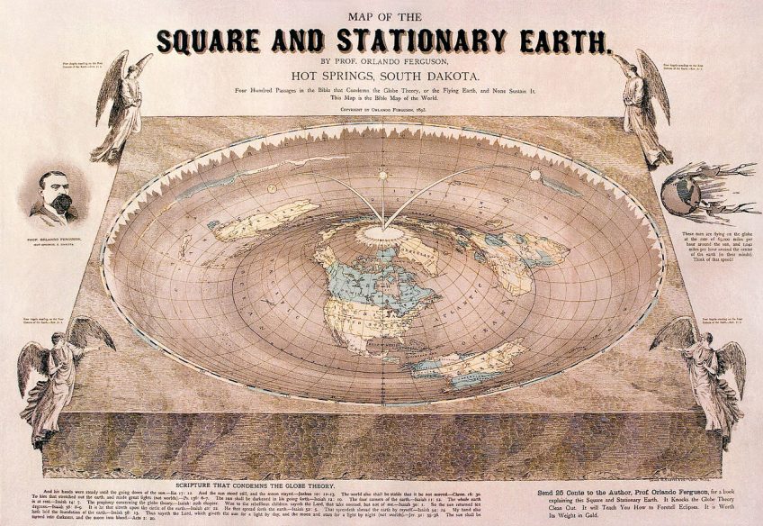 Kaart met een platte aarde, getekend in 1893 door Orlando Ferguson