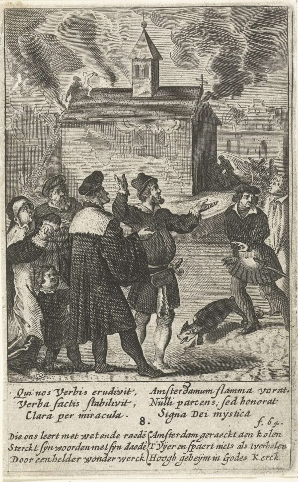 Het Sacrament van Mirakel overleeft de tweede grote stadsbrand in 1452, Boëtius Adamsz Bolswert (ca. 1580-1633), Antwerpen 1639, Collectie Rijksmuseum