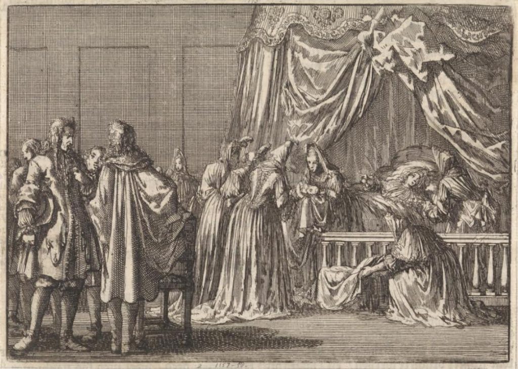 De geboorte van de zoon van koning James II van Engekand (Illustratie Jan Luyken, Pieter van der Aa,, 1698, Rijksmuseum)