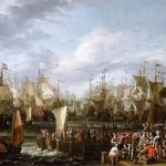 De enorme vloot van Willem III vertrekt 19 oktober 1688 uit Hellevoetsluis. (Abrahem Storck, National Maritme Museum,Greenwich)